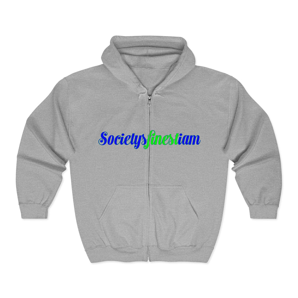 Society’s Finest Crew Zip Hoodie — Retro Blue & Green Script Full-Zip Sweatshirt