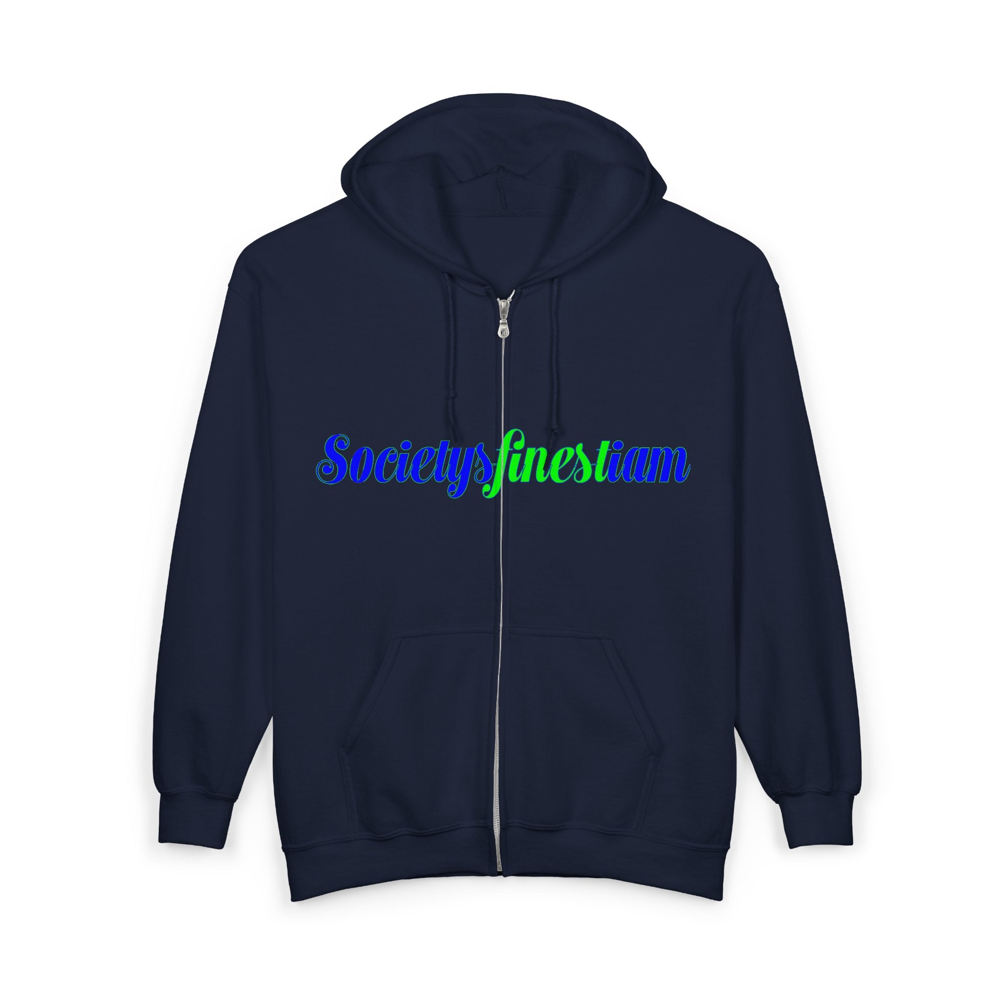 Society’s Finest Crew Zip Hoodie — Retro Blue & Green Script Full-Zip Sweatshirt