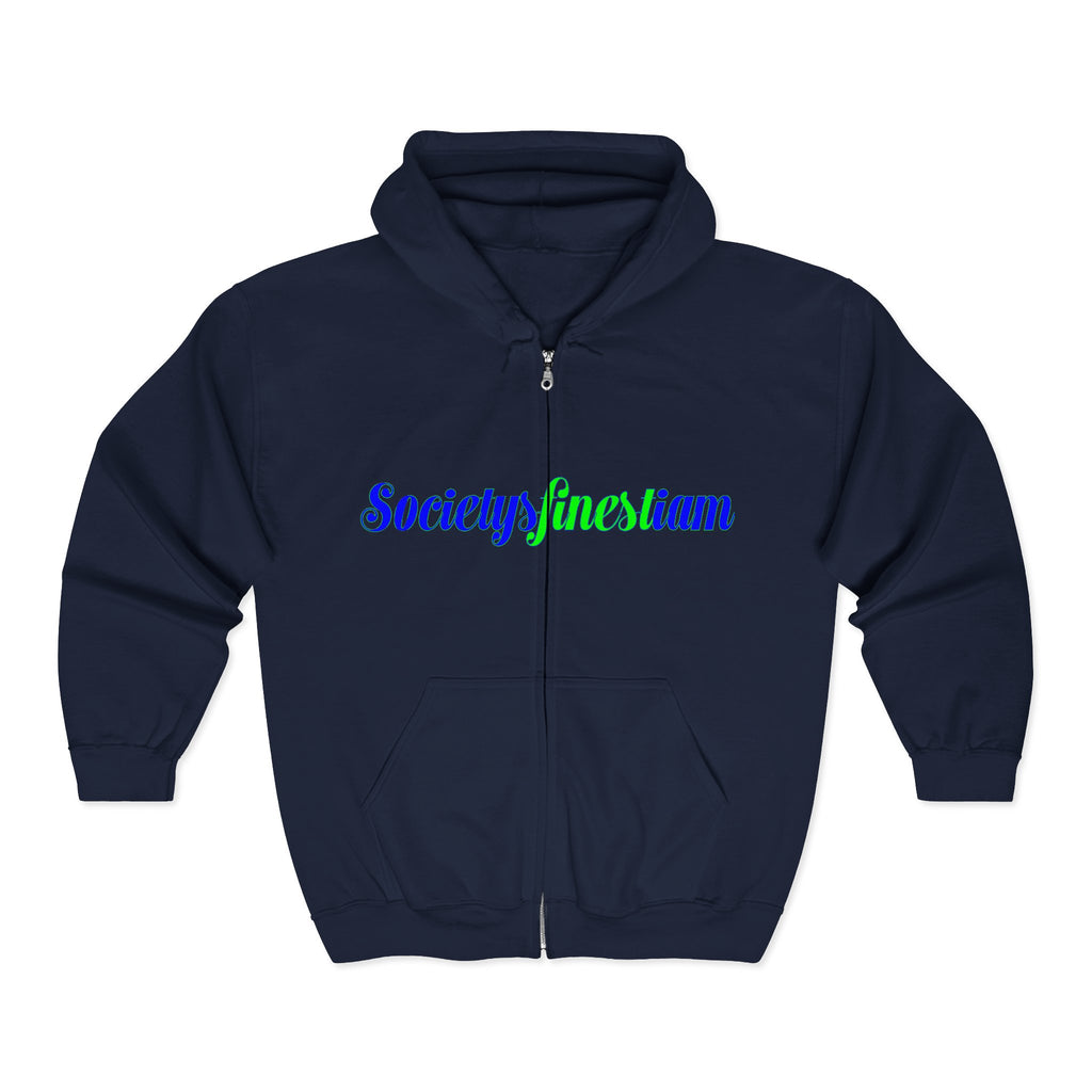 Society’s Finest Crew Zip Hoodie — Retro Blue & Green Script Full-Zip Sweatshirt